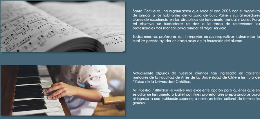 Santa Cecilia es una organizaci�n que nace el a�o 2003 con el prop�sito de brindar a los habitantes de la zona de Buin, Paine y sus alrededores clases de excelencia en las disciplinas de instrumento musical y ballet. Para tal objetivo sus fundadores se dan a la tarea de seleccionar los profesionales m�s id�neos para brindar el mejor servicio.   Todos nuestros profesores son int�rpretes en sus respectivos instrumentos lo cual les permite ayudar en cada paso de la formaci�n del alumno. Actualmente algunos de nuestros alumnos han ingresado en carreras musicales de la Facultad de Artes de La Universidad de Chile e Instituto de M�sica de la Universidad Cat�lica.   As� nuestra instituci�n se vuelve una excelente opci�n para quienes quieren estudiar un instrumento o ballet con fines profesionales prepar�ndolos para el ingreso a una instituci�n superior, o como un taller cultural de formaci�n general.